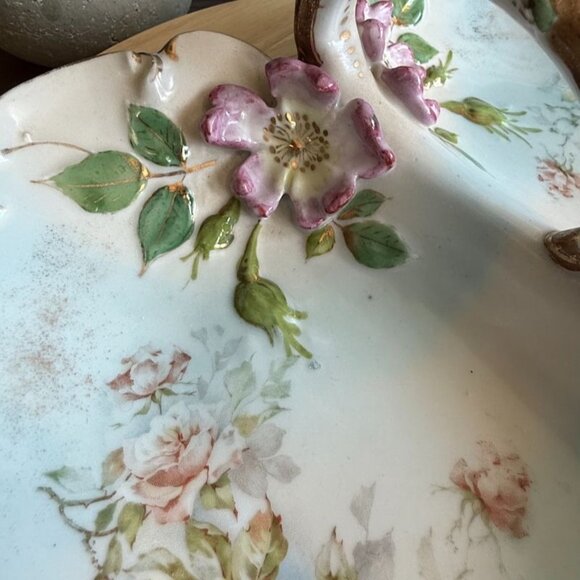 Vintage RS Prussia Large Divided Serving Bowl Iris Mold Handled Floral With Gold - Picture 7 of 13